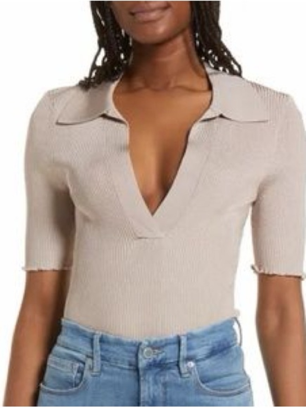 Good American Ribbed V-Neck Polo Top - Taupe